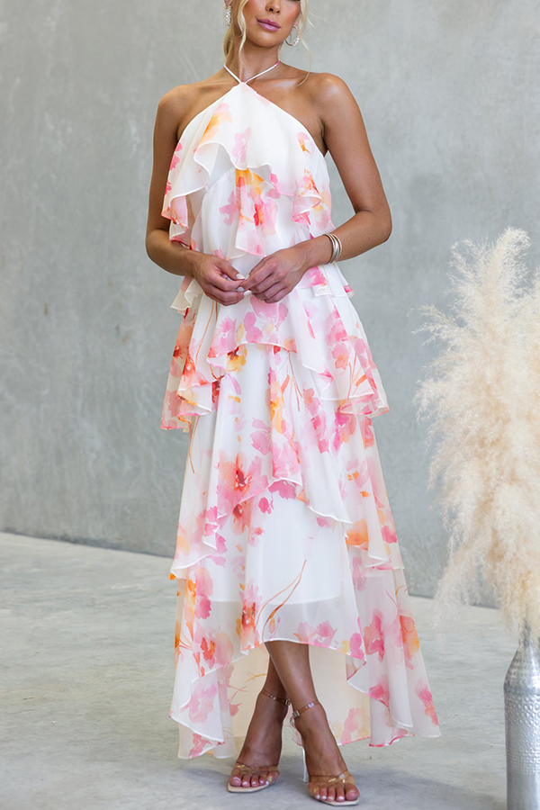 Poetic Eden Chiffon Floral Print Tiered Ruffles Halter A-line Maxi Dress | Consonak