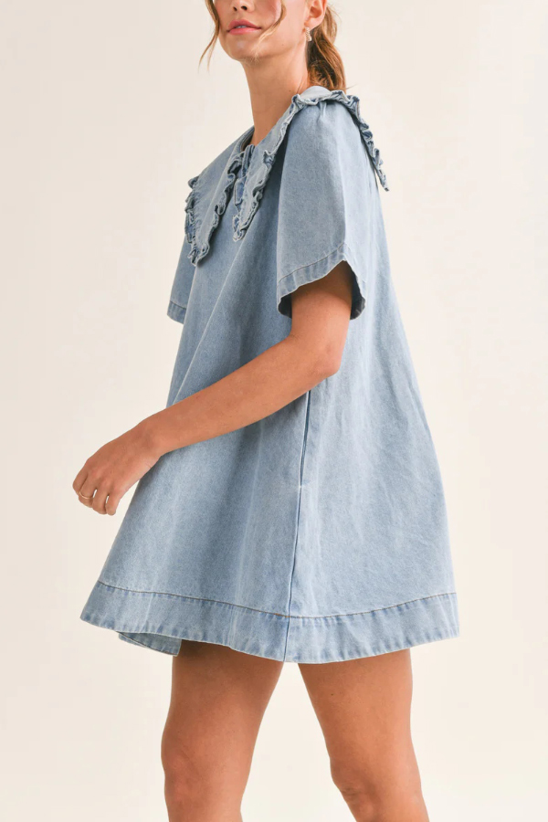 Solid Color Loose Short-sleeved Casual Ruffled Denim Mini Dress | Consonak