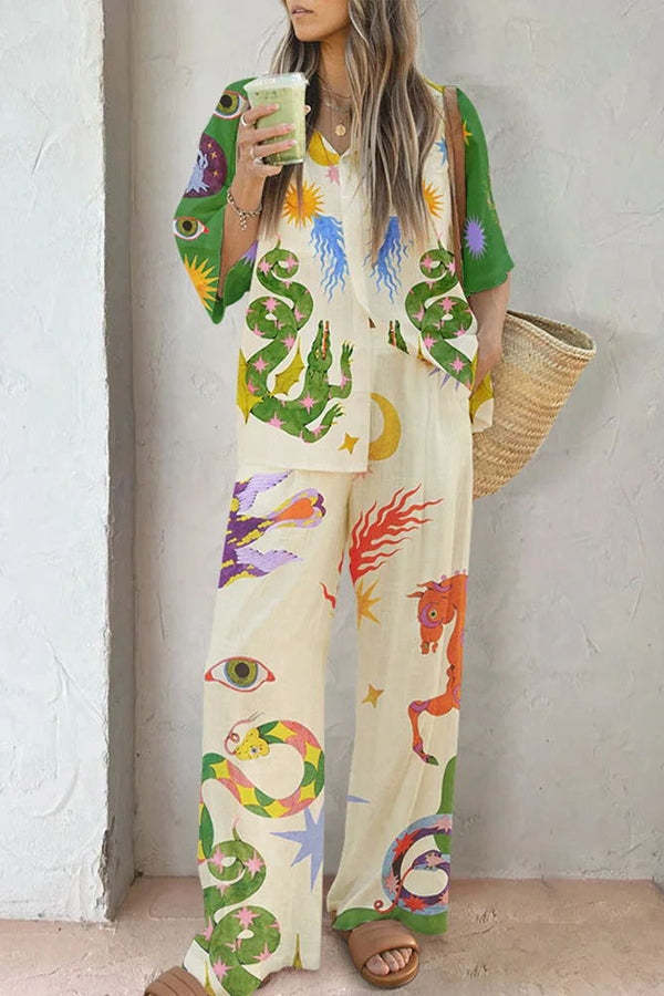 Reeves Linen Blend Unique Print Oversized Blouse and Elastic Waist Pocketed Wide Leg Pants Set-consonak