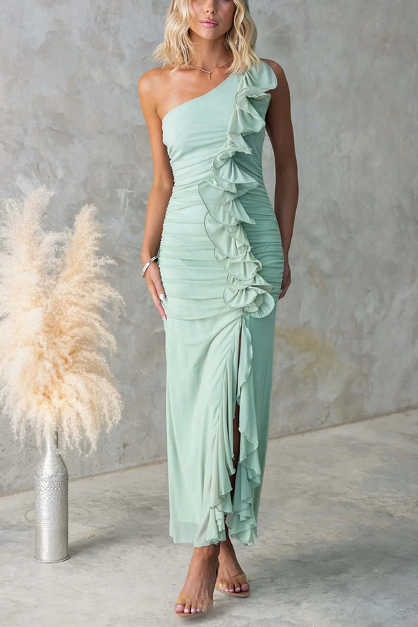 Fashion One-shoulder Pleated Sexy High Slit Slim Dress-consonak