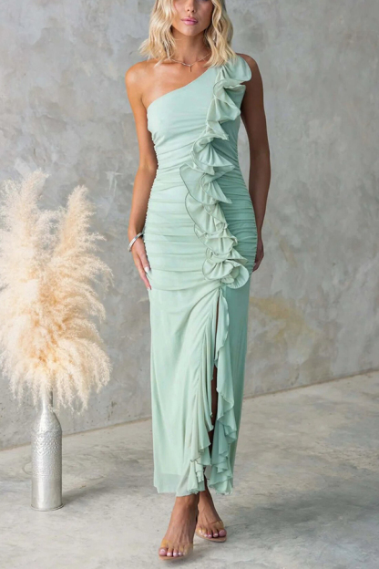 Fashion One-shoulder Pleated Sexy High Slit Slim Dress-consonak