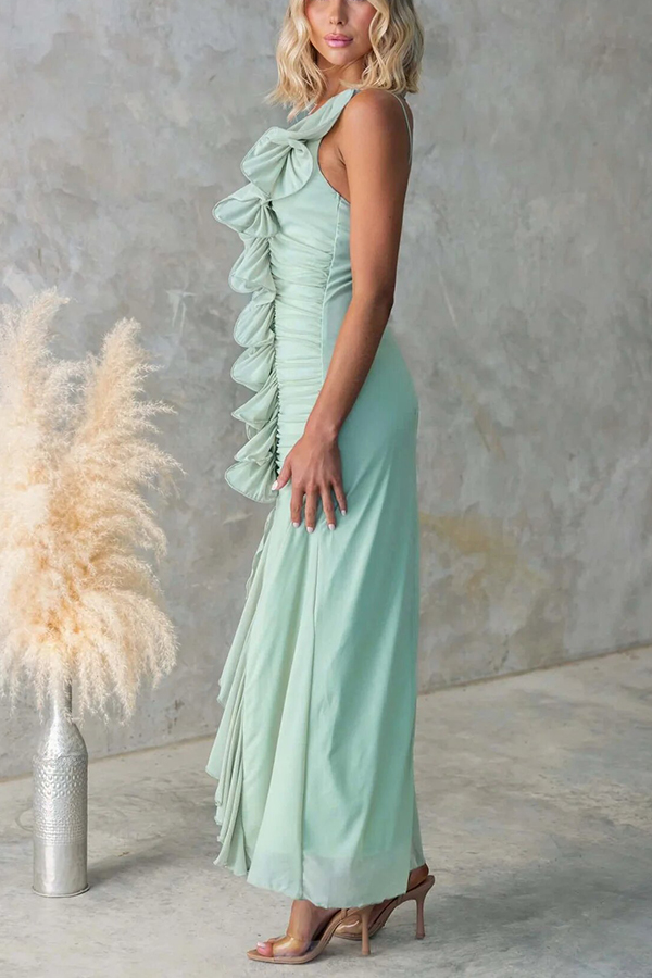 Fashion One-shoulder Pleated Sexy High Slit Slim Dress-consonak