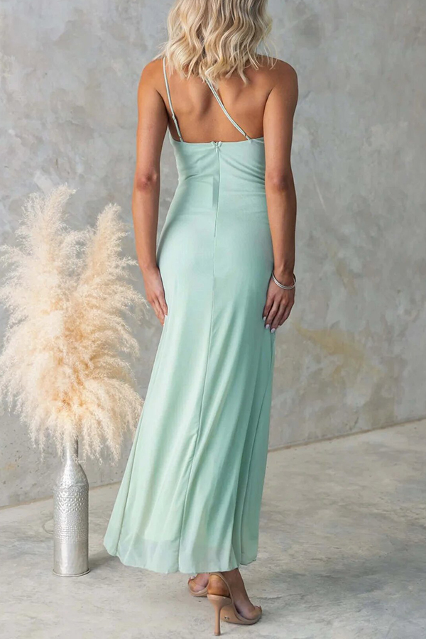 Fashion One-shoulder Pleated Sexy High Slit Slim Dress-consonak