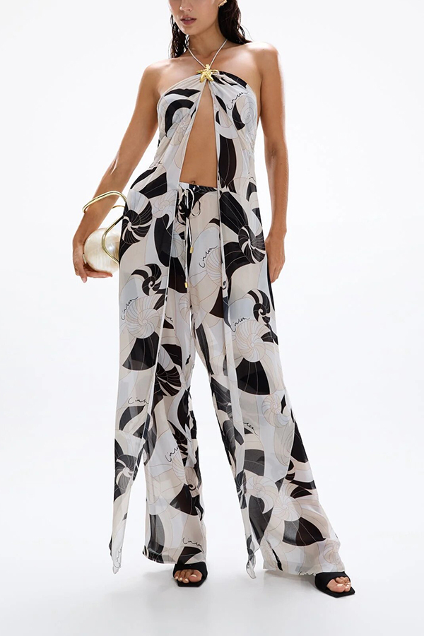 Adrenia Unique Print Metal Starfish Front Slit Halter Tank and Elastic Waist Loose Pants Set-consonak