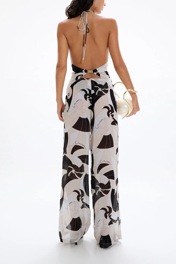 Adrenia Unique Print Metal Starfish Front Slit Halter Tank and Elastic Waist Loose Pants Set-consonak