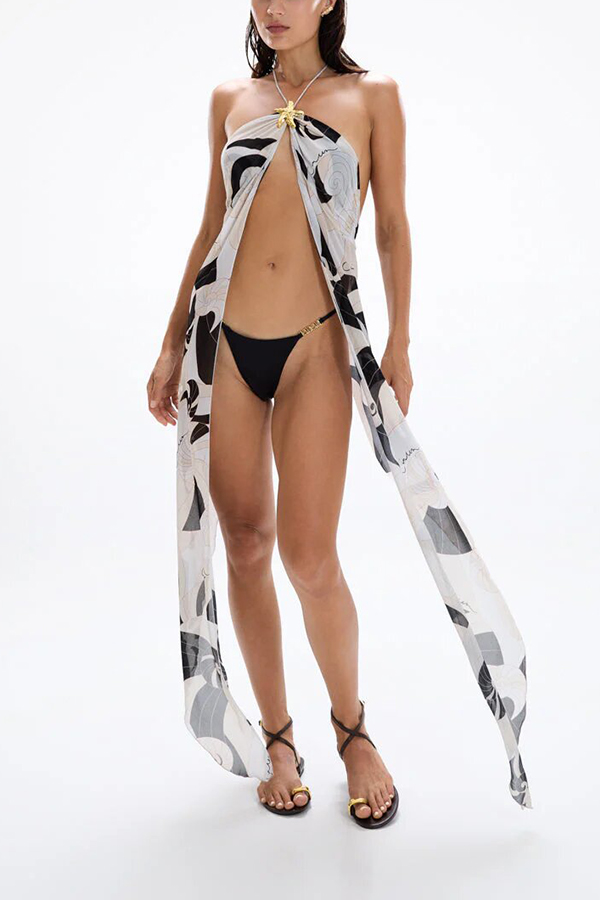 Adrenia Unique Print Metal Starfish Front Slit Halter Tank and Elastic Waist Loose Pants Set-consonak