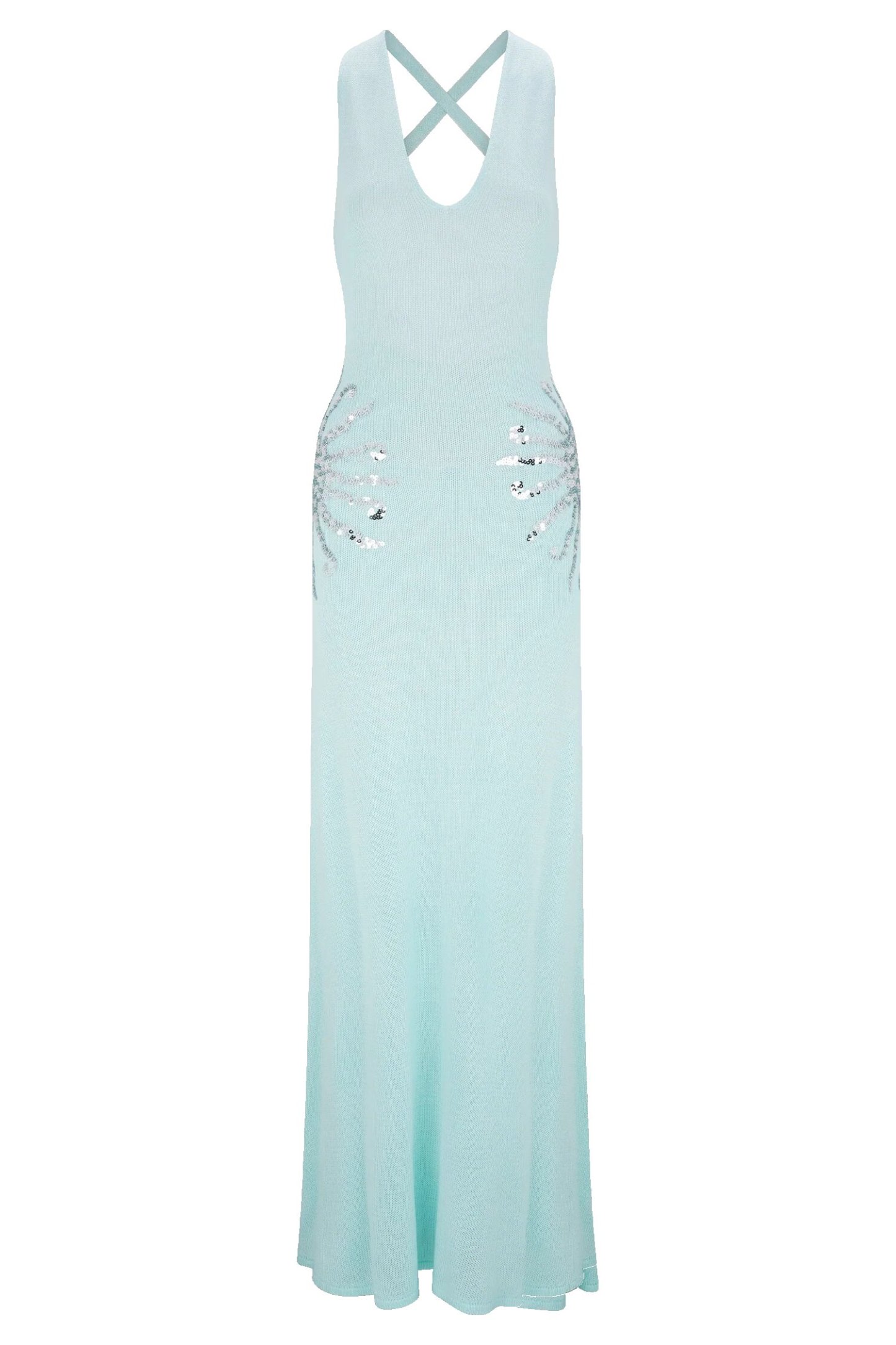 Sparkling Nights Knit Sunburst Sequin Detail Back Cross Straps Stretch Maxi Dress-consonak