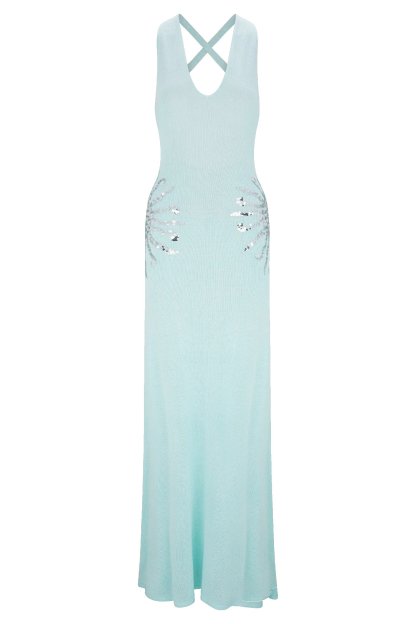 Sparkling Nights Knit Sunburst Sequin Detail Back Cross Straps Stretch Maxi Dress-consonak