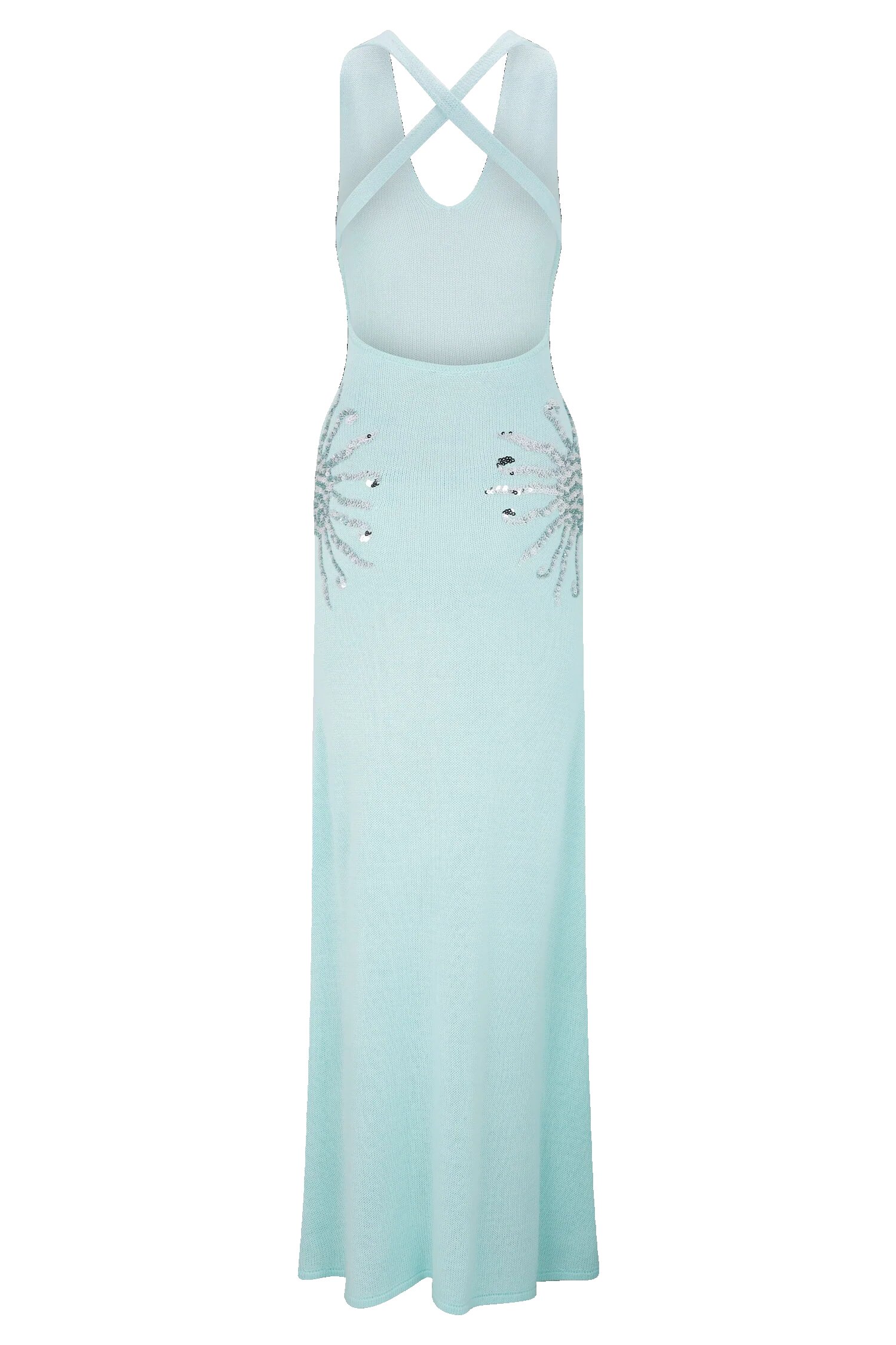 Sparkling Nights Knit Sunburst Sequin Detail Back Cross Straps Stretch Maxi Dress | Consonak