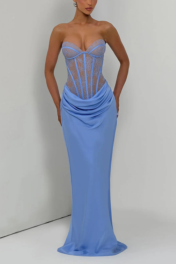 Kathleen Floral Lace Contrast Structural Detail Back Lace-up Satin Hem Strapless Maxi Dress-Consonak