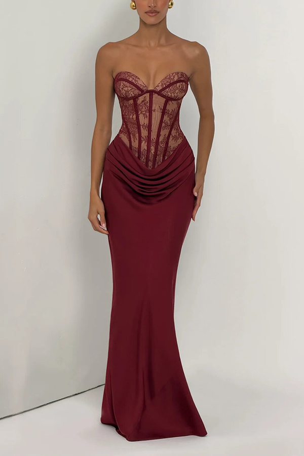 Kathleen Floral Lace Contrast Structural Detail Back Lace-up Satin Hem Strapless Maxi Dress-Consonak