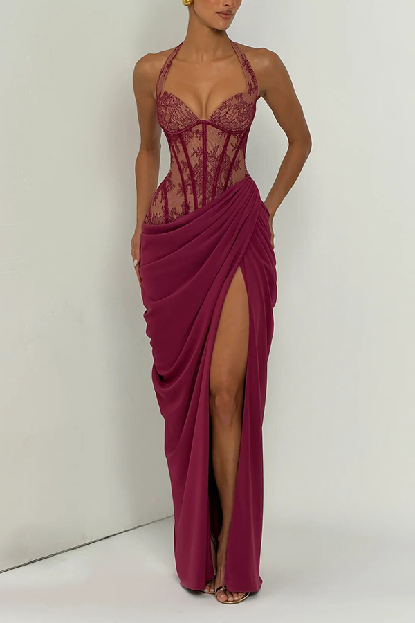 Bonita Floral Lace Contrast Structural Detail Asymmetrical Pleats Halter Slit Maxi Dress-Consonak