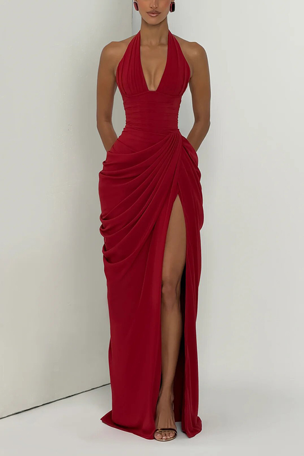 Minette Halter Back Lace-up Asymmetrical Pleats Slit Maxi Dress-Consonak