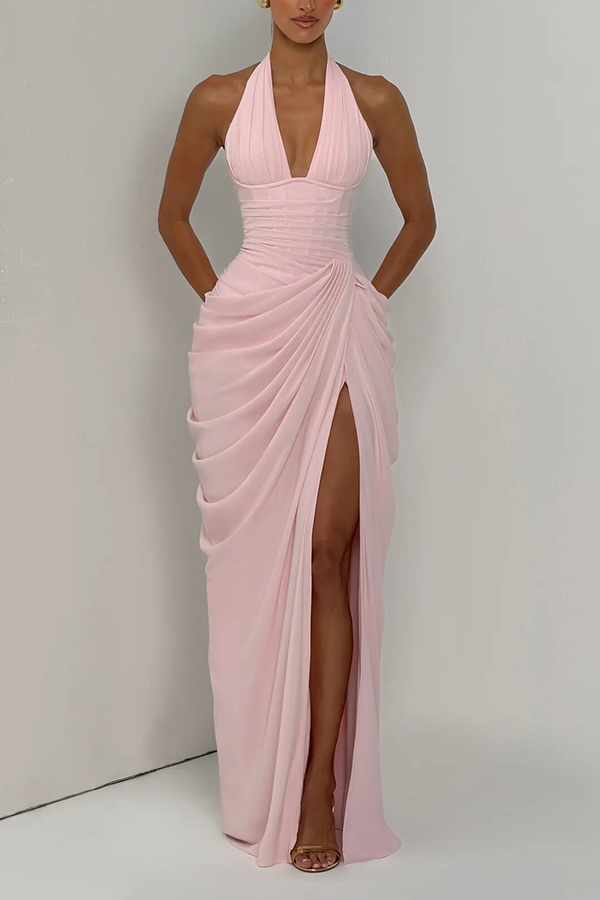 Minette Halter Back Lace-up Asymmetrical Pleats Slit Maxi Dress-Consonak