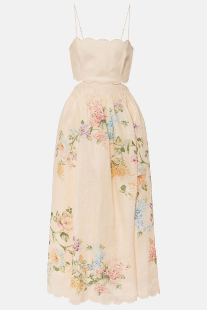 Cabo Sunsets Floral Print Petal Trim Back Lace-up Midi Dress-consonak