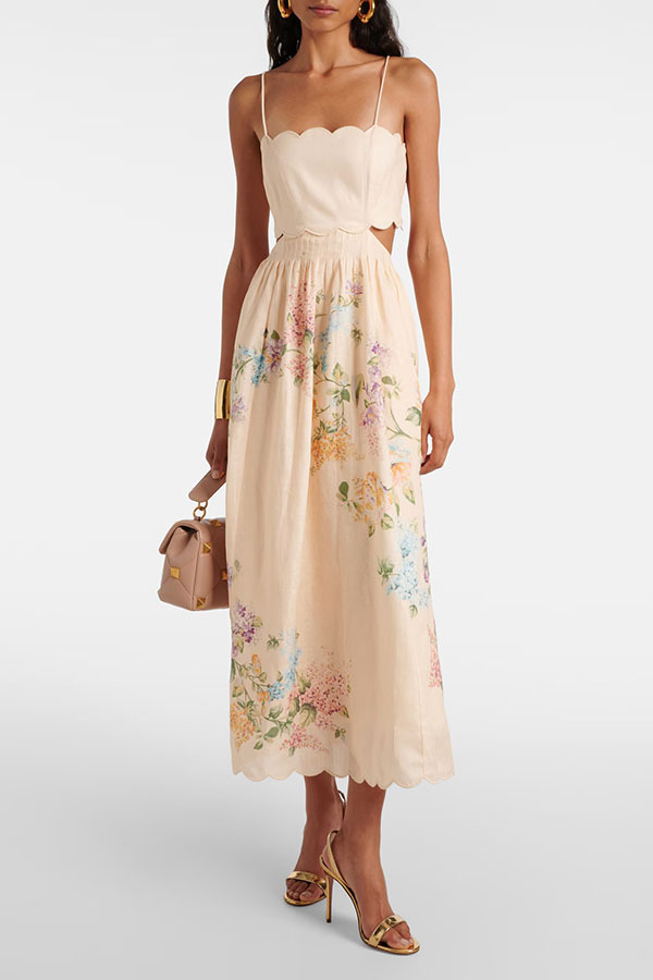 Cabo Sunsets Floral Print Petal Trim Back Lace-up Midi Dress-consonak