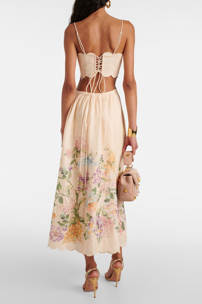 Cabo Sunsets Floral Print Petal Trim Back Lace-up Midi Dress-consonak