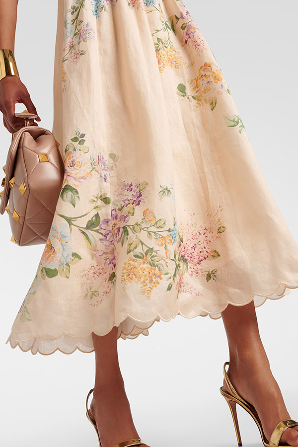 Cabo Sunsets Floral Print Petal Trim Back Lace-up Midi Dress-consonak