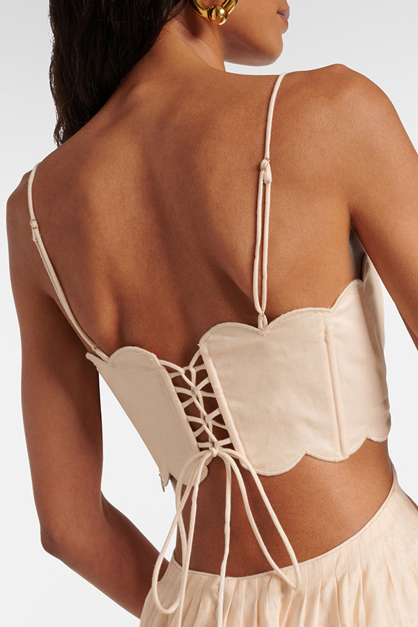 Cabo Sunsets Floral Print Petal Trim Back Lace-up Midi Dress-consonak