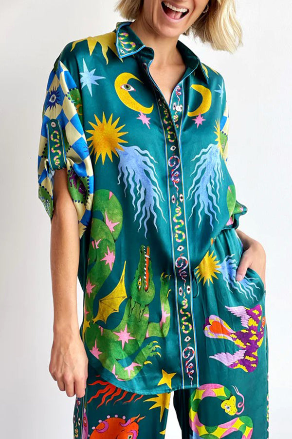 Beachy Chic Linen Blend Unique Print Button Down Oversized Blouse-consonak