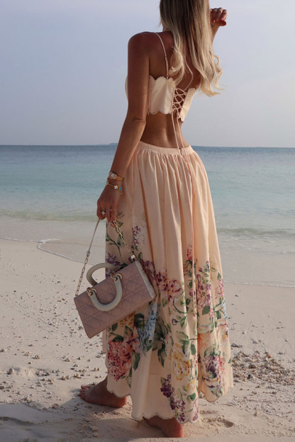 Cabo Sunsets Floral Print Petal Trim Back Lace-up Midi Dress-consonak