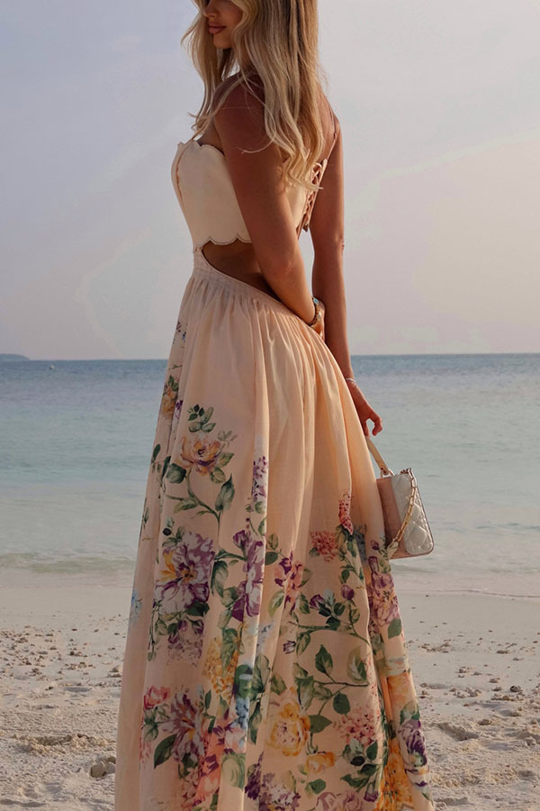 Cabo Sunsets Floral Print Petal Trim Back Lace-up Midi Dress-consonak