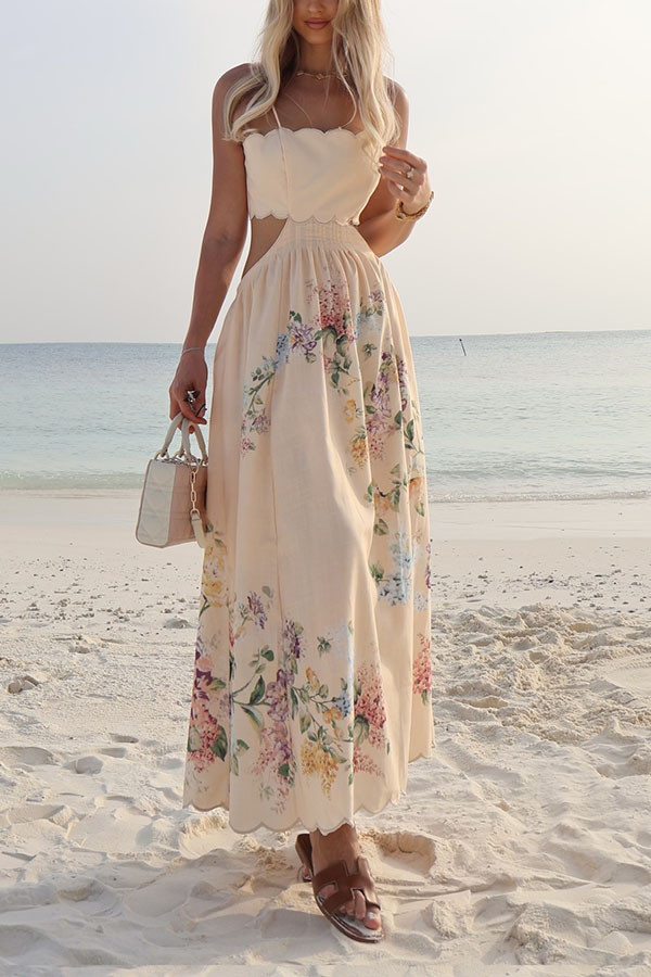 Cabo Sunsets Floral Print Petal Trim Back Lace-up Midi Dress-consonak