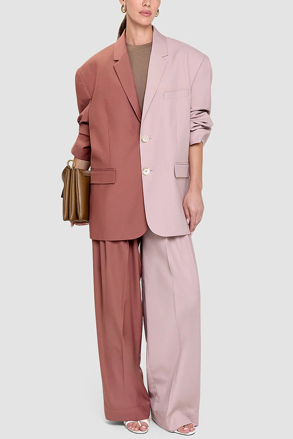 Girl Boss Avant-garde Contrast Colors Lapel Boyfriend Blazer and Pocketed Wide Leg Pants Set-consonak