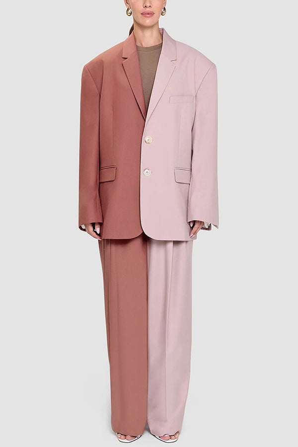 Girl Boss Avant-garde Contrast Colors Lapel Boyfriend Blazer and Pocketed Wide Leg Pants Set-Consonak