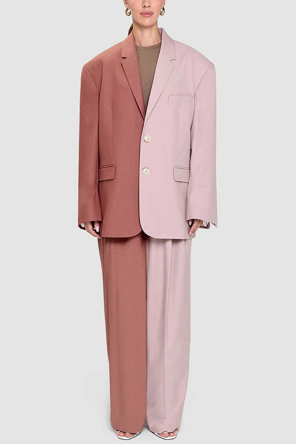 Girl Boss Avant-garde Contrast Colors Lapel Boyfriend Blazer and Pocketed Wide Leg Pants Set-consonak