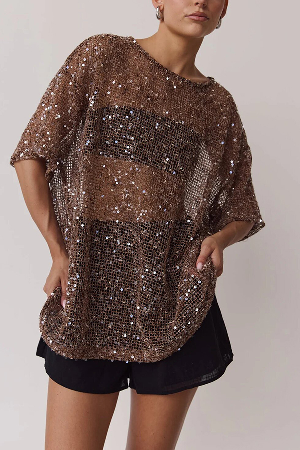 Edela Sheer Sequin Knit Fabric Short Sleeve Oversized Cover-up Tee-consonak