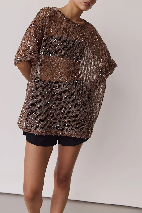 Edela Sheer Sequin Knit Fabric Short Sleeve Oversized Cover-up Tee-consonak