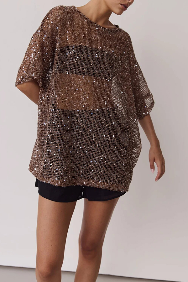 Edela Sheer Sequin Knit Fabric Short Sleeve Oversized Cover-up Tee-consonak