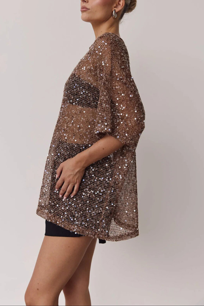 Edela Sheer Sequin Knit Fabric Short Sleeve Oversized Cover-up Tee-consonak