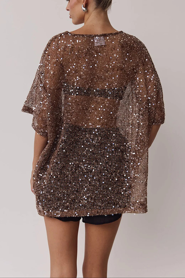 Edela Sheer Sequin Knit Fabric Short Sleeve Oversized Cover-up Tee-consonak