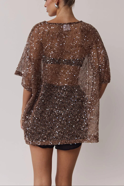 Edela Sheer Sequin Knit Fabric Short Sleeve Oversized Cover-up Tee-consonak