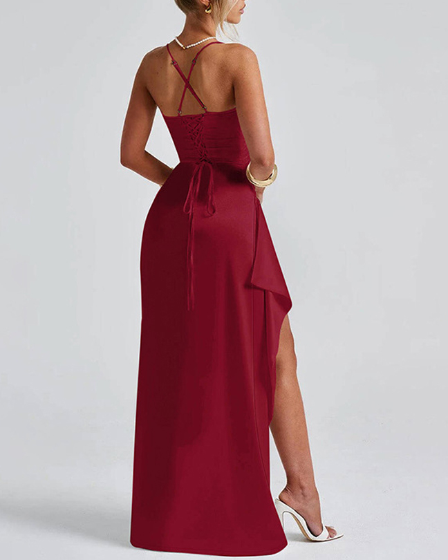 Ladies' satin back tie, pleated hem, slit high low waist long skirt-consonak