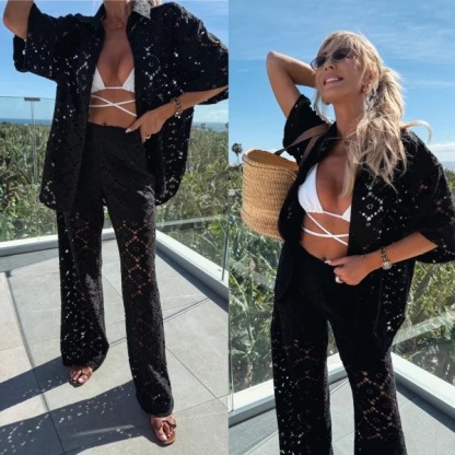 Holiday Crochet Flowers Lace Short Sleeve Shirt and Elastic Waist Wide Leg Pants Set-consonak