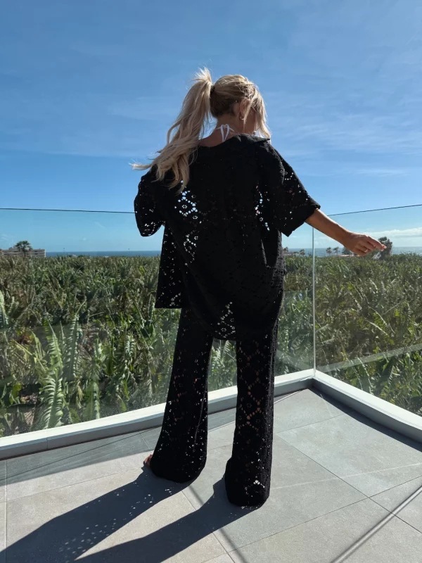 Holiday Crochet Flowers Lace Short Sleeve Shirt and Elastic Waist Wide Leg Pants Set-consonak