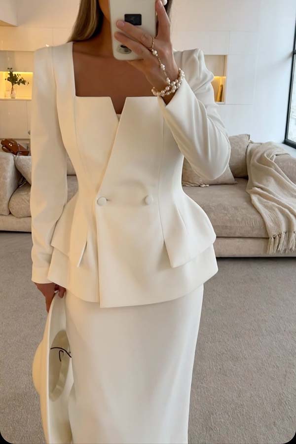 Sculptural Elegance Square Neck Button Blazer and Elastic Waist Pencil Midi Skirt Set-consonak