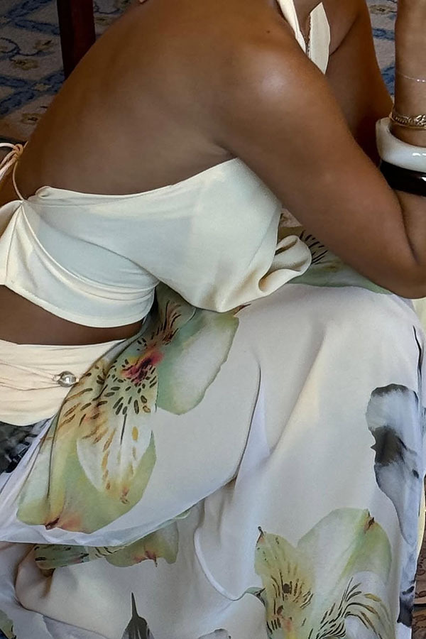 Beautiful Statement Cowl Neck Halter Tank and Floral Ruched Waist Slit Maxi Skirt Set-consonak