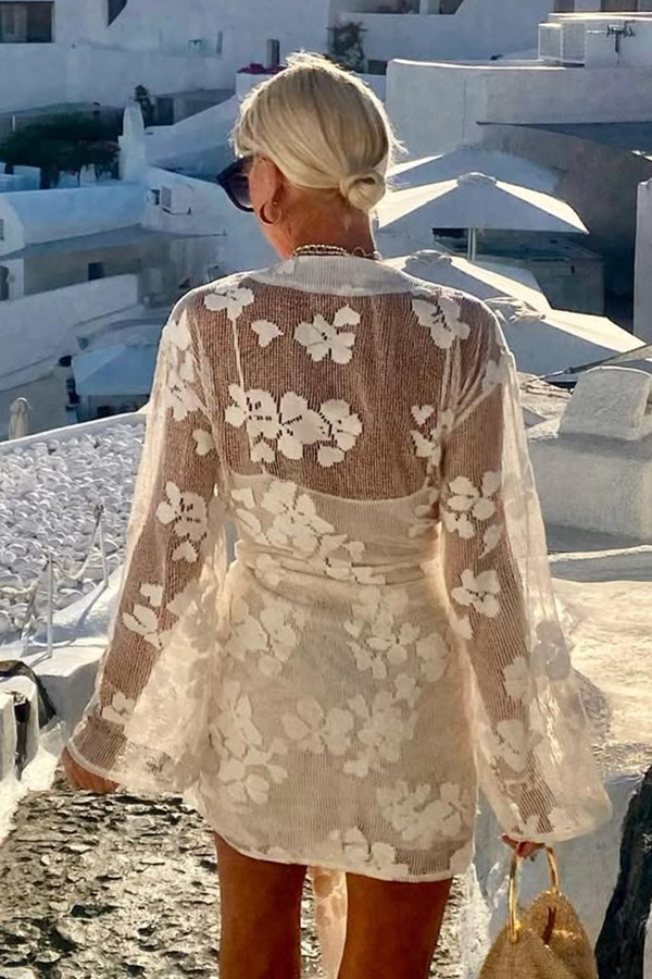 Beach Elegance Floral Lace Long Sleeve Wrap Tie-up Vacation Mini Dress-consonak