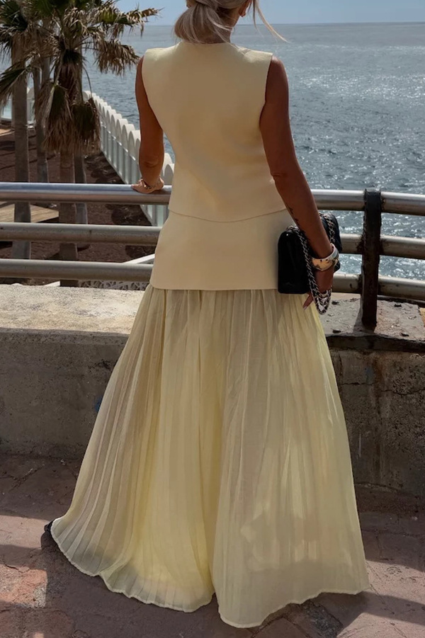 Stylish and Elegant Knit Spliced Tulle Elastic Waist Pleated Maxi Skirt-consonak