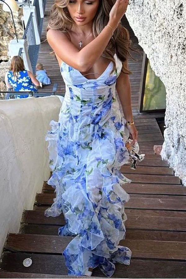 Millie | Floral Ruffle Long Skirt Women's Fashion Chiffon Printed Fairy Style Long Style Evening Dress Coupon-consonak