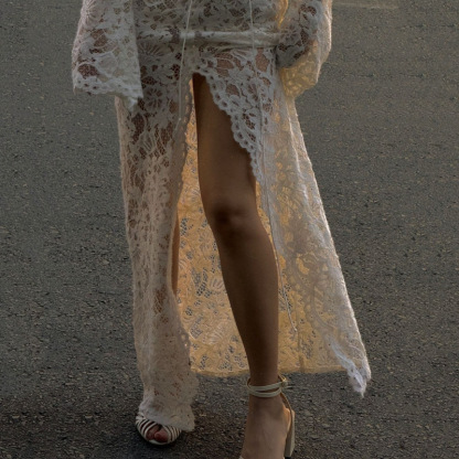 Garcelle Floral Lace Lace-up Long Bell Sleeve Slit Midi Dress-consonak