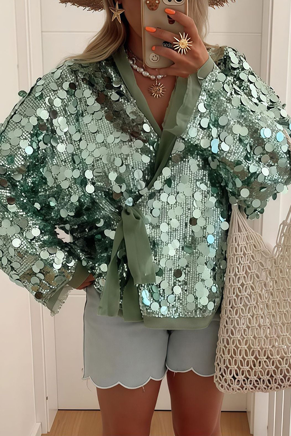 Fashion Sequined Long-sleeved V-neck Loose Lace-up Cardigan-consonak