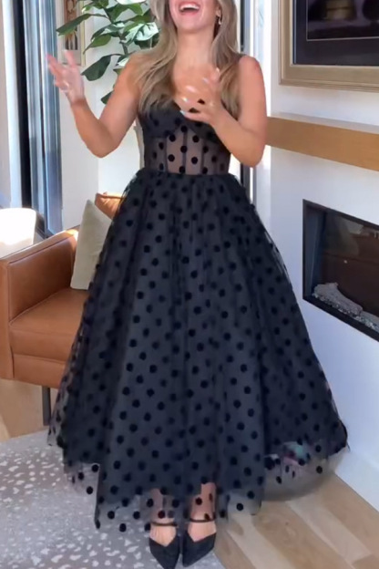 Ladies' new sexy mesh black dot zipper women's dress INS casual loose strapless sexy suspender party dress-consonak