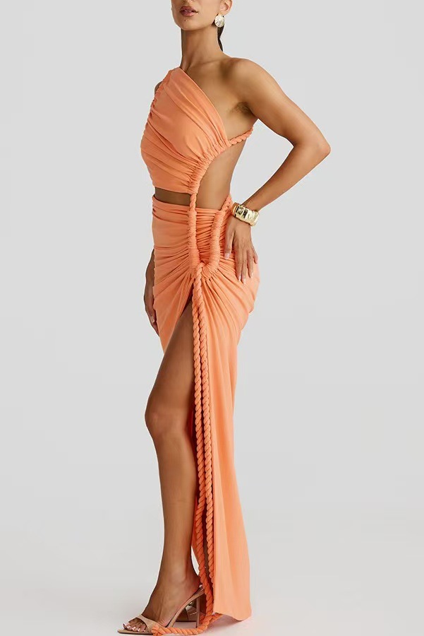 Juliana Rope Detail Ruched One Shoulder Cutout Stretch Maxi Dress-consonak