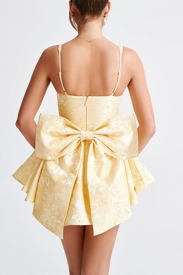 Jacquard Fabric Halter Back Elegant Bow Slim Fit Mini Dress-consonak