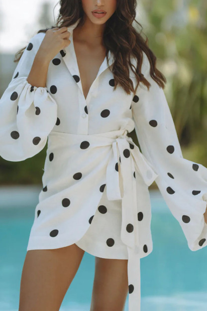 Effortlessly Linen Blend Polka Dot Balloon Sleeve Blouse and Wrap Tie-up Loose Mini Skirt Set-consonak